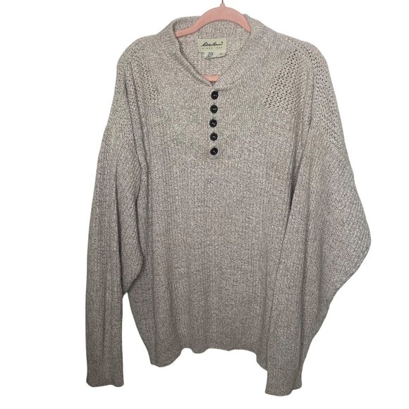 Vintage Eddie Bauer Cotton Knit Sweater Mens L Oatmeal 1/4 Button USA Preppy Fal - Picture 1 of 7